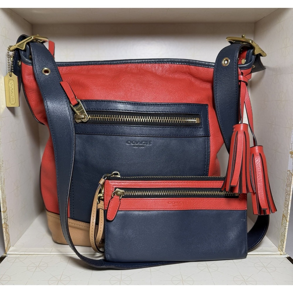Coach Legacy Leather Colorblock  Bag Red Navy Tan Purse With Wallet
